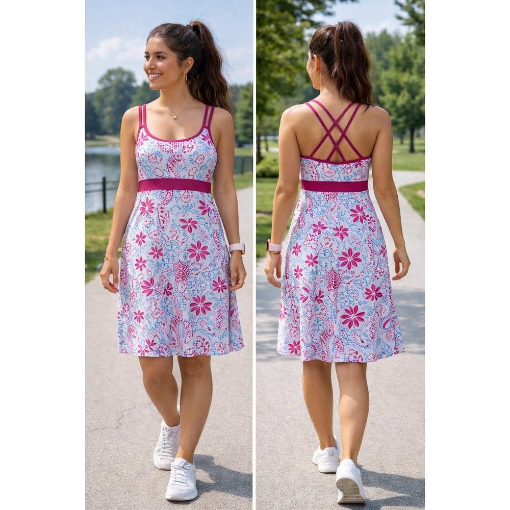 Athleticwear Gym Travel Lola AFG Pink Blue Floral Knit Bra Strappy Back L Dress‎
